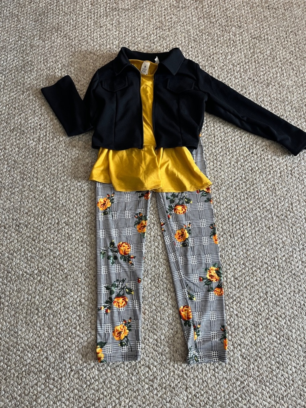 Adorable Girls Black Jacket & Mustard Yellow Top with Floral Plaid Leggings